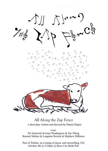 Illustration of a cow with musical notes and play details.