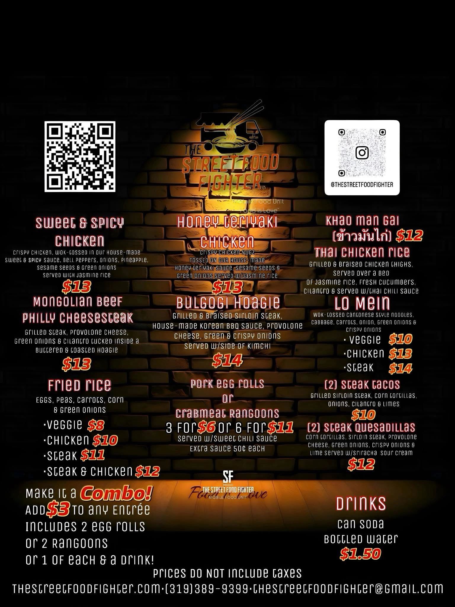 Menu from The Street Food Fighter with various chicken, beef, and noodle dishes including prices and combo options.
