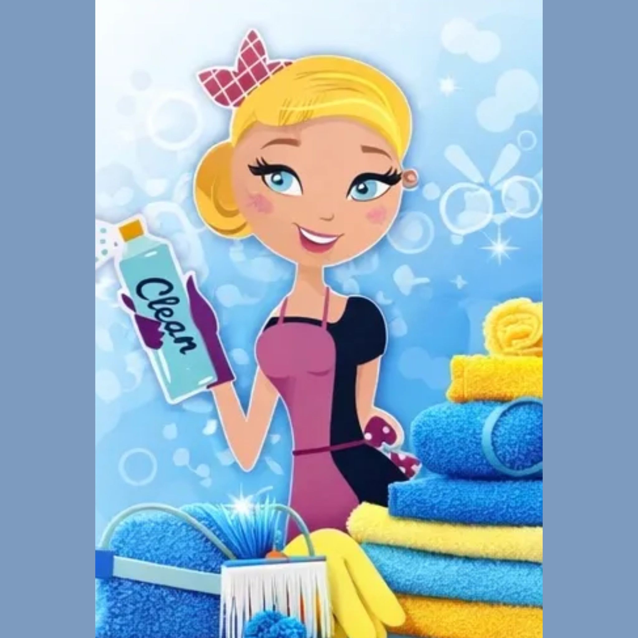 Cartoon housekeeper with cleaning supplies and towels.