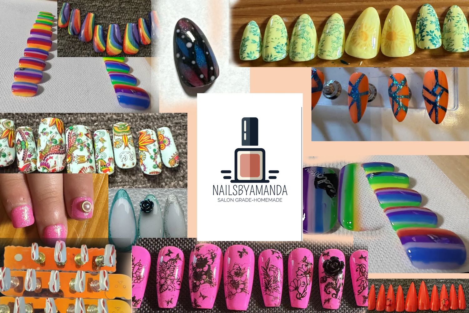 A collage of colorful, artistic nail designs showcasing rainbows, florals, and glitter.