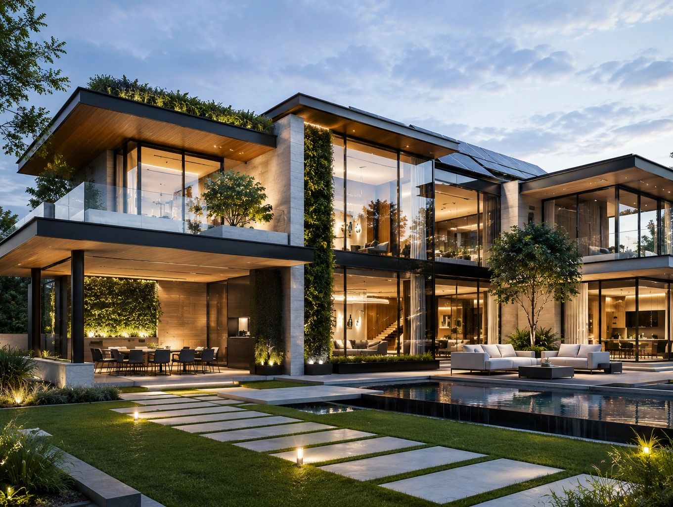 Modern luxury house with glass walls, outdoor seating, and pool at sunset.