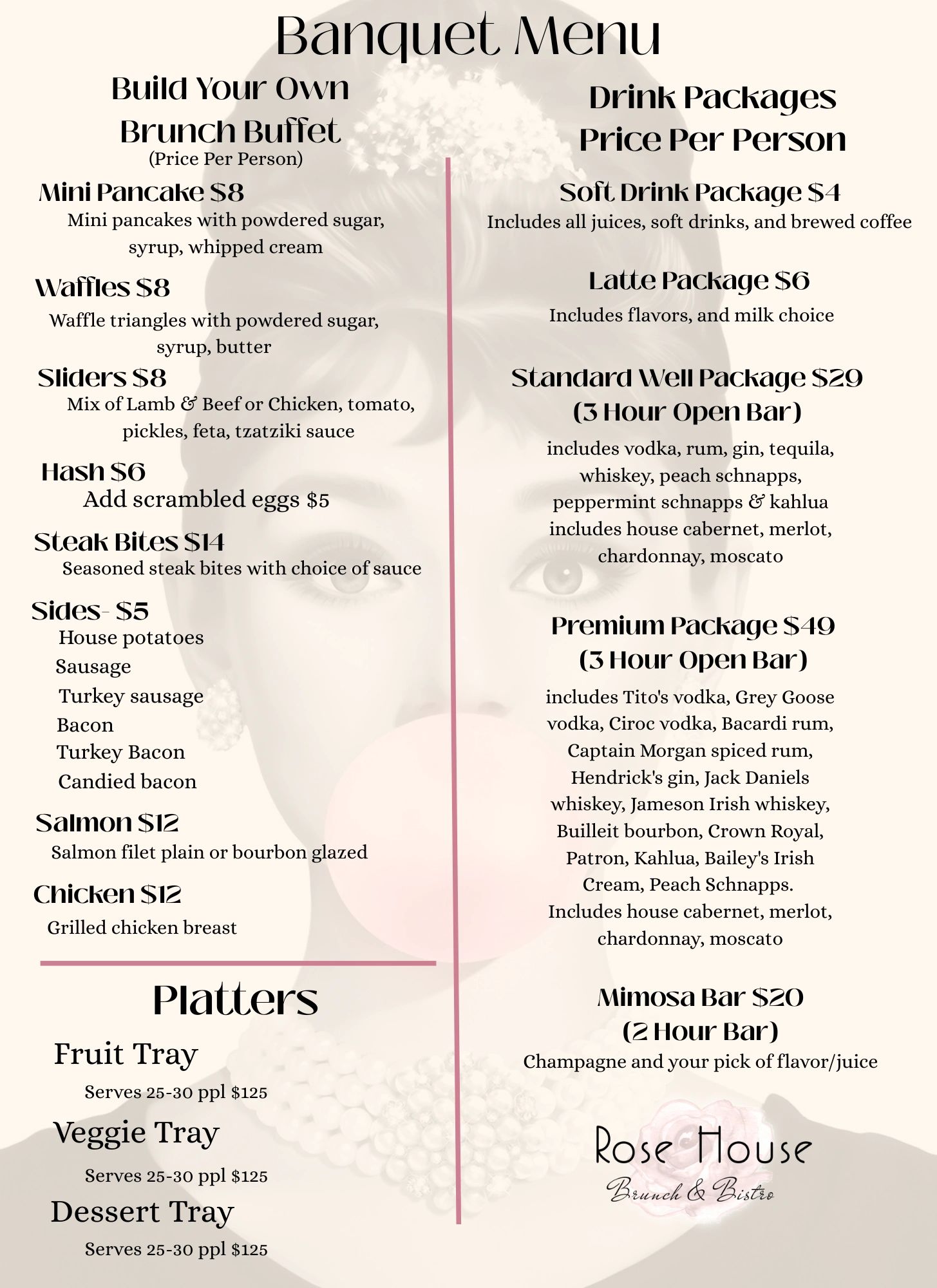 Brunch buffet and drink packages menu from Rose House Brunch &amp; Bistro.
