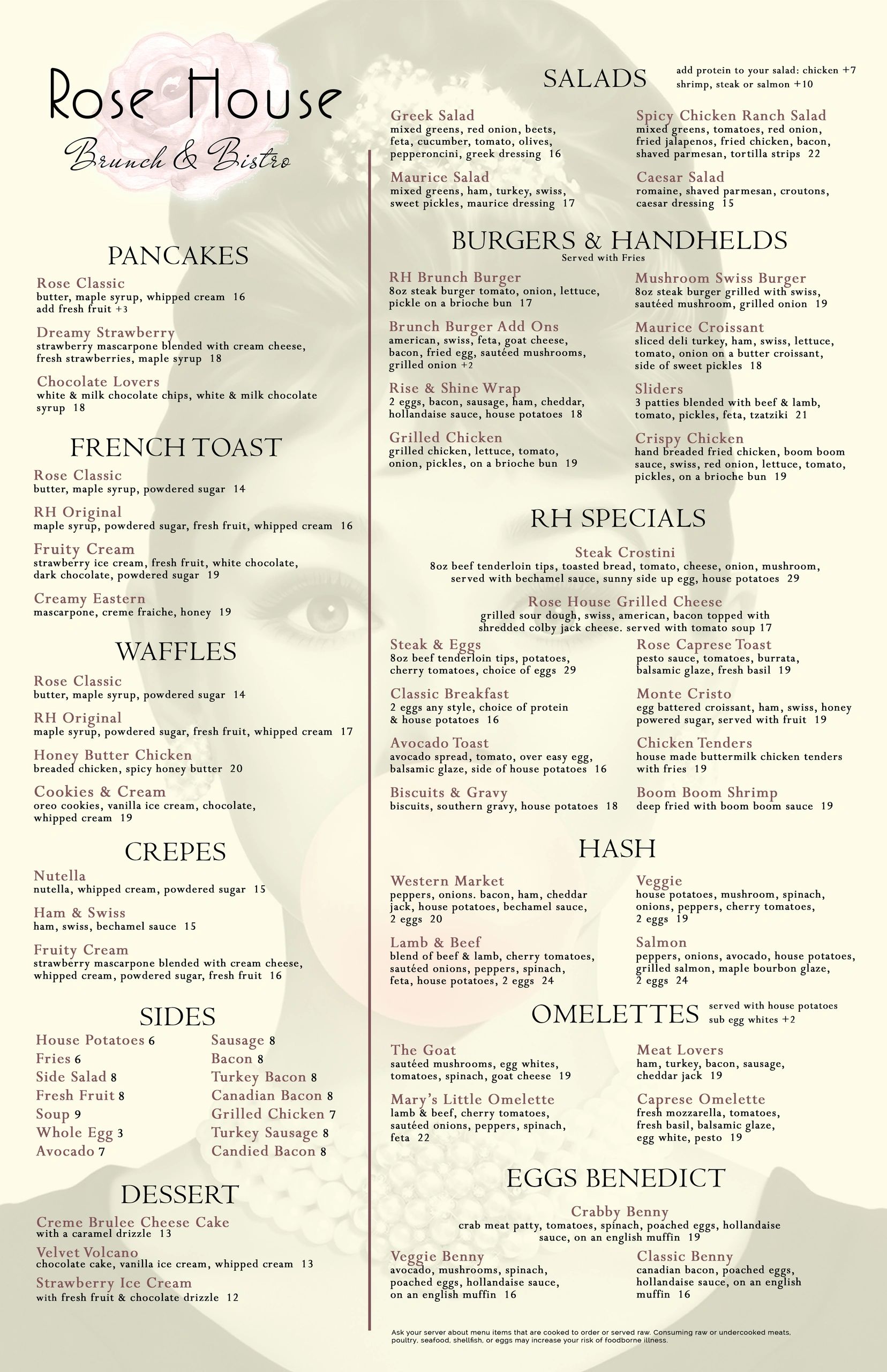 Brunch menu featuring pancakes, salads, burgers, specialties, sides, and omelettes at Rose House Bistro.