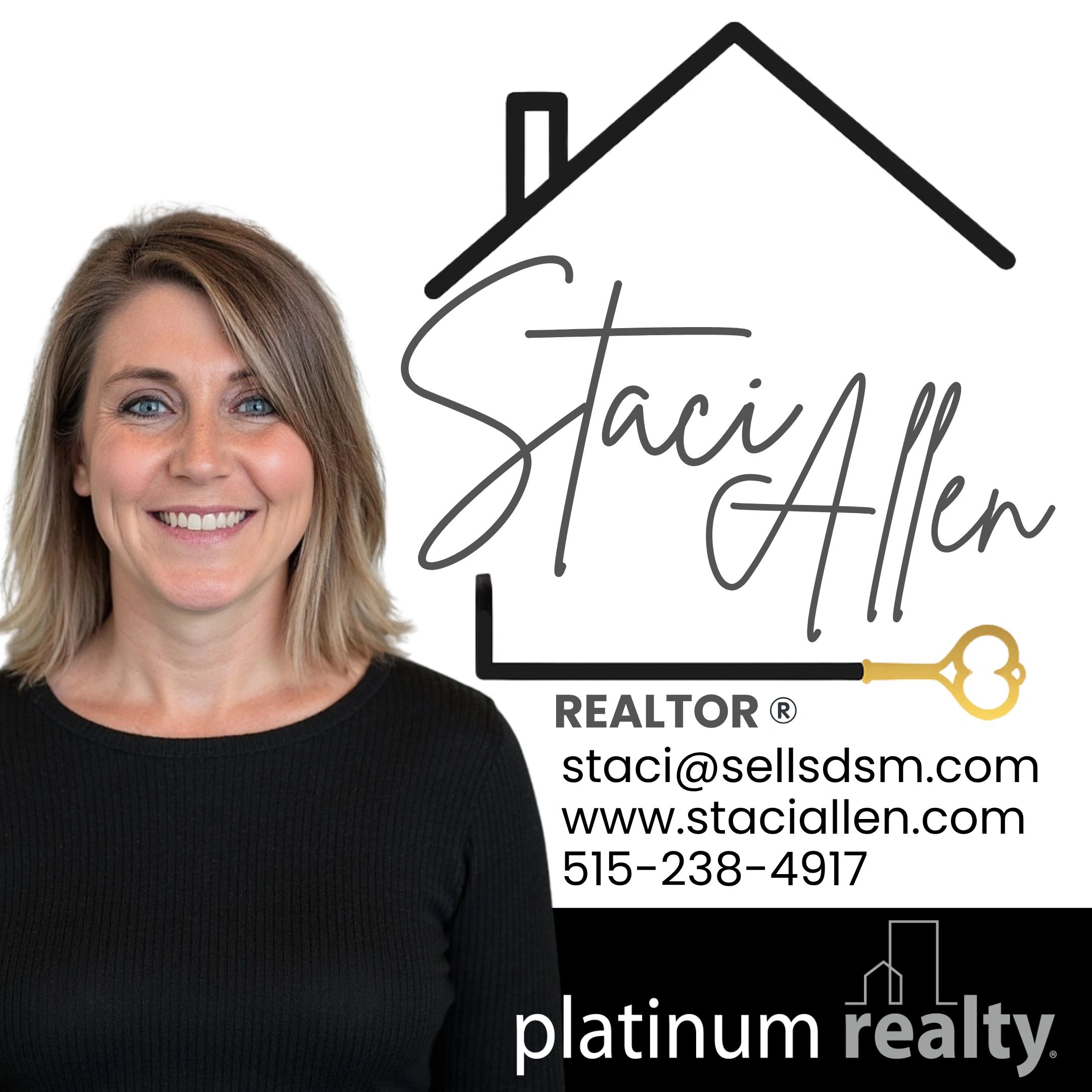 Smiling woman with real estate contact details and logo in the background.