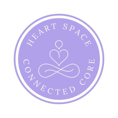 Circular lavender logo with 'Heart Space Connected Core' and a heart-shaped abstract design.