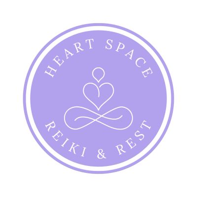A lavender circular logo for Heart Space Reiki &amp; Rest with a heart and infinity symbol.
