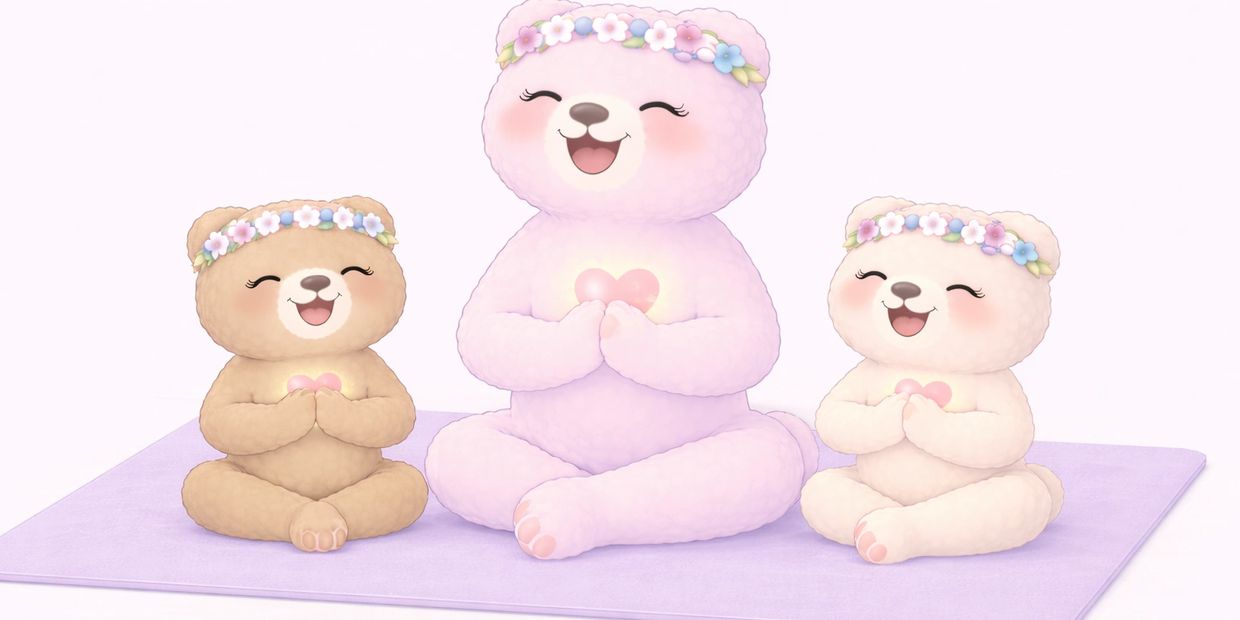 Three adorable bears with flower crowns holding glowing hearts, sitting on a purple mat.