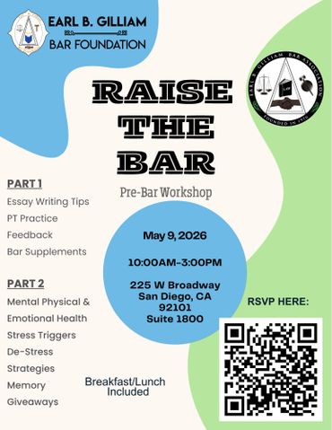 Flyer for Raise The Bar pre-bar workshop on May 9, 2026, in San Diego.