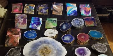 Here are some of my geode coasters and my 4 x 4 abstract art tile coasters. 