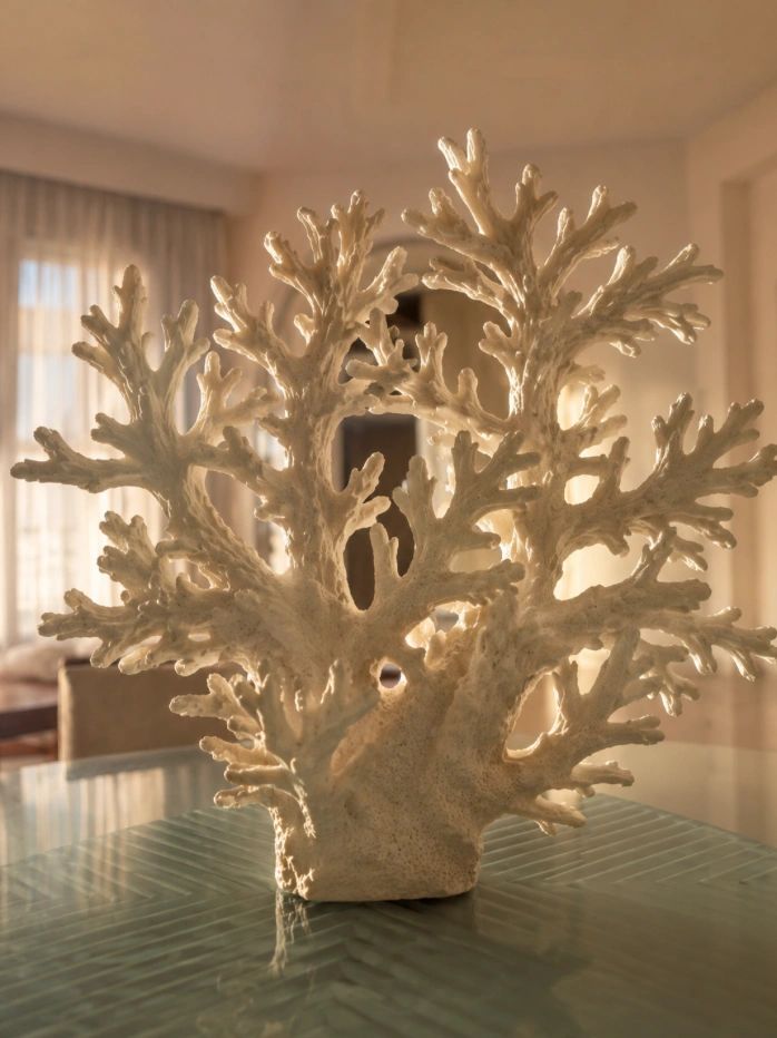 Decorative white coral centerpiece on a glass table.