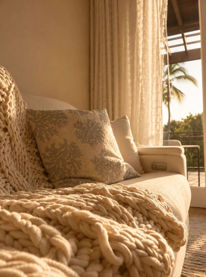 Cozy sofa with knitted blanket and pillows.