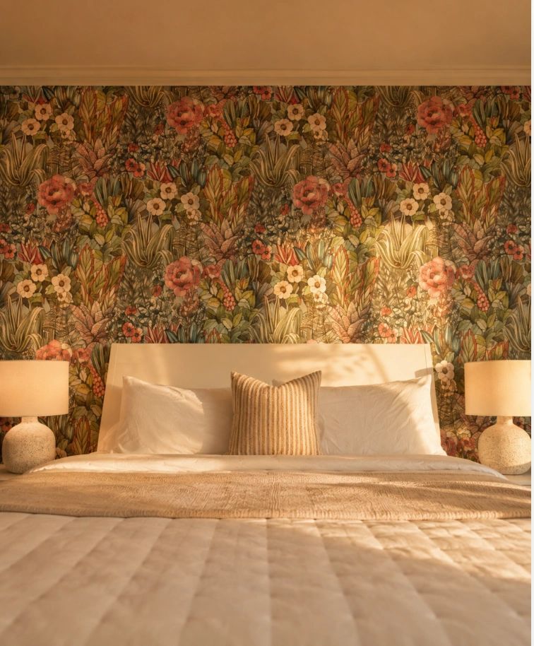Cozy bedroom with floral wallpaper and warm lighting.