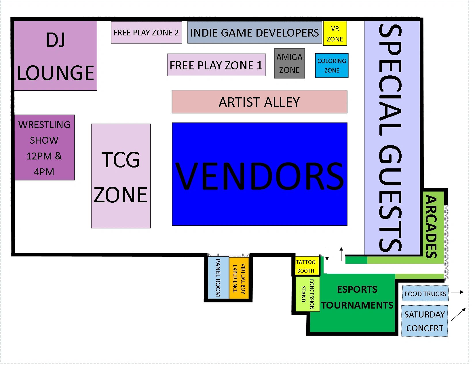 Event layout map featuring zones like vendors, special guests, esports, and artist alley.
