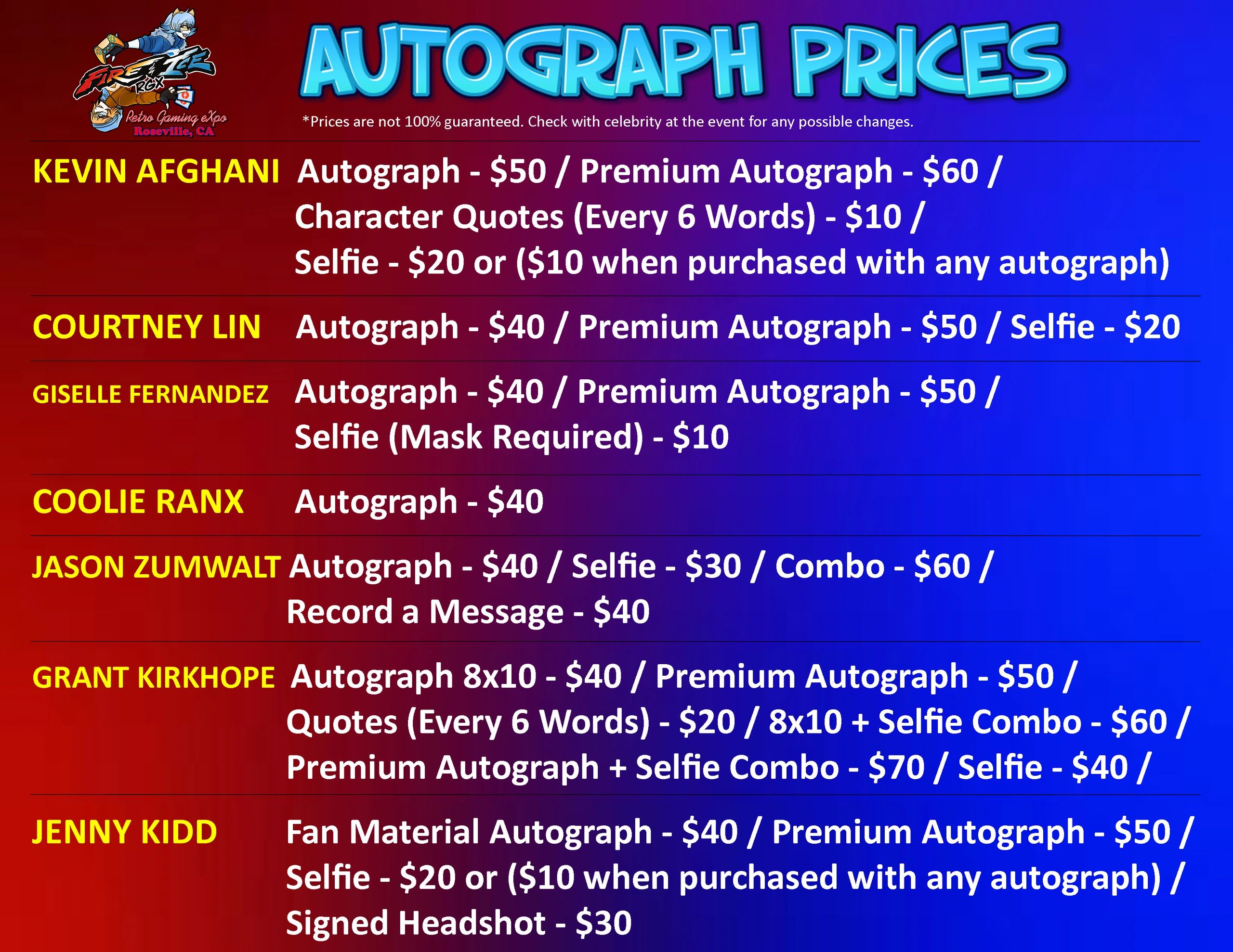 Retro Gaming Expo autograph prices for various celebrities listed with different packages.