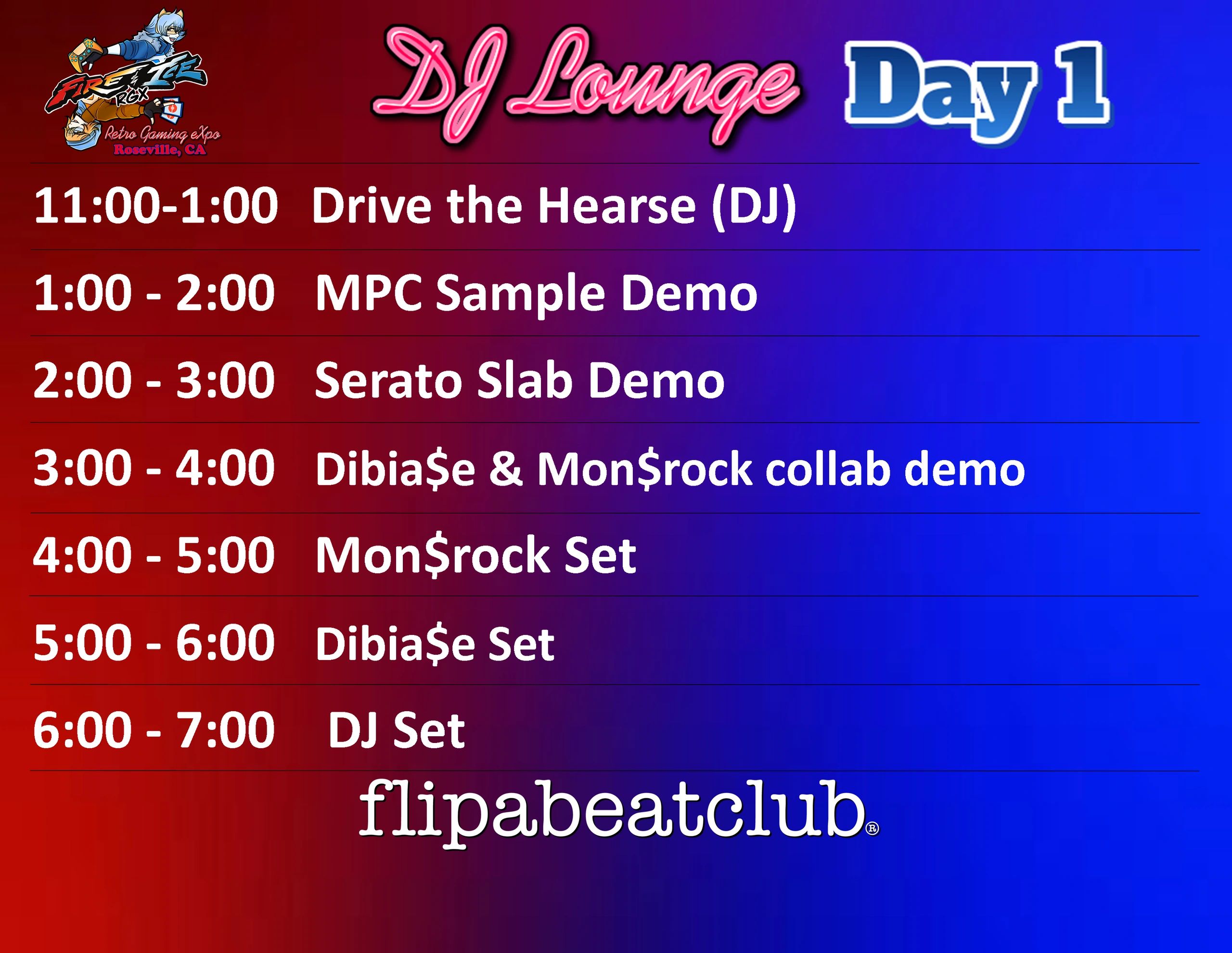 Day 1 DJ Lounge schedule with demos and sets at Fire &amp; Ice RGX in Roseville, CA.