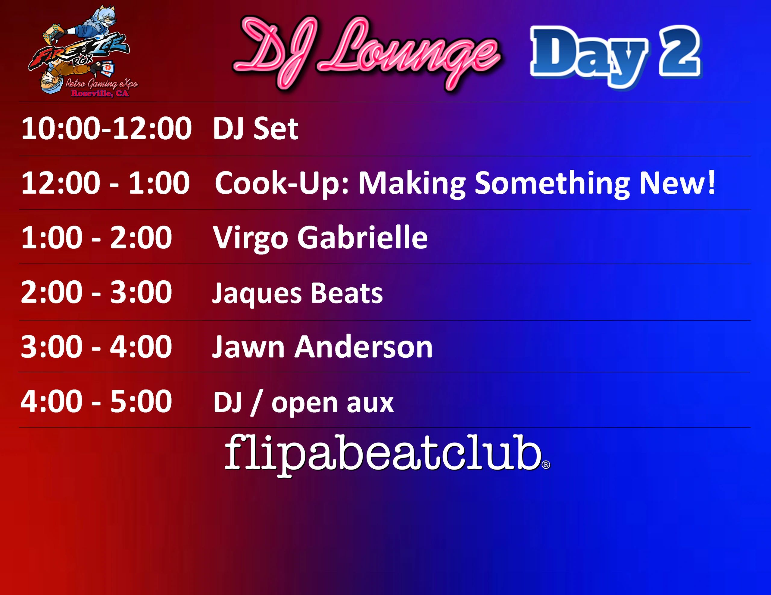DJ Lounge Day 2 schedule with music and cooking events