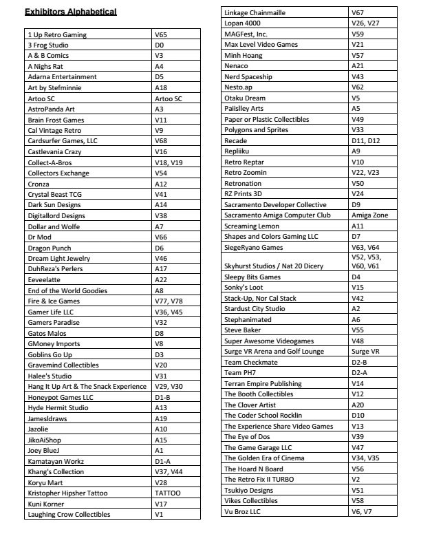 Alphabetical list of exhibitors with booth numbers for an event.