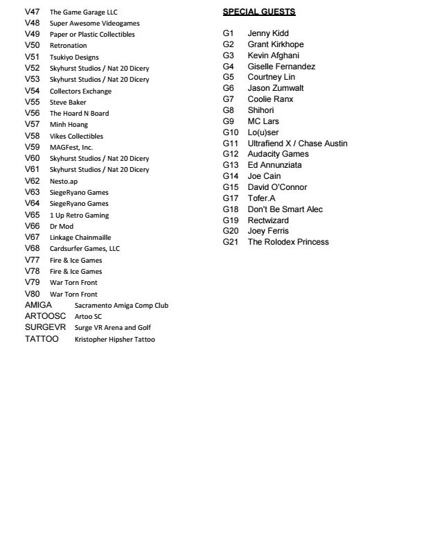 List of vendors and special guests for an event including gaming and collectible companies.