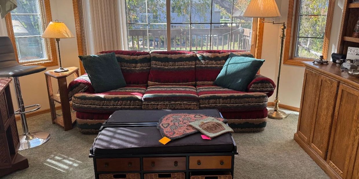 Cozy living room with patterned sofa and natural light.