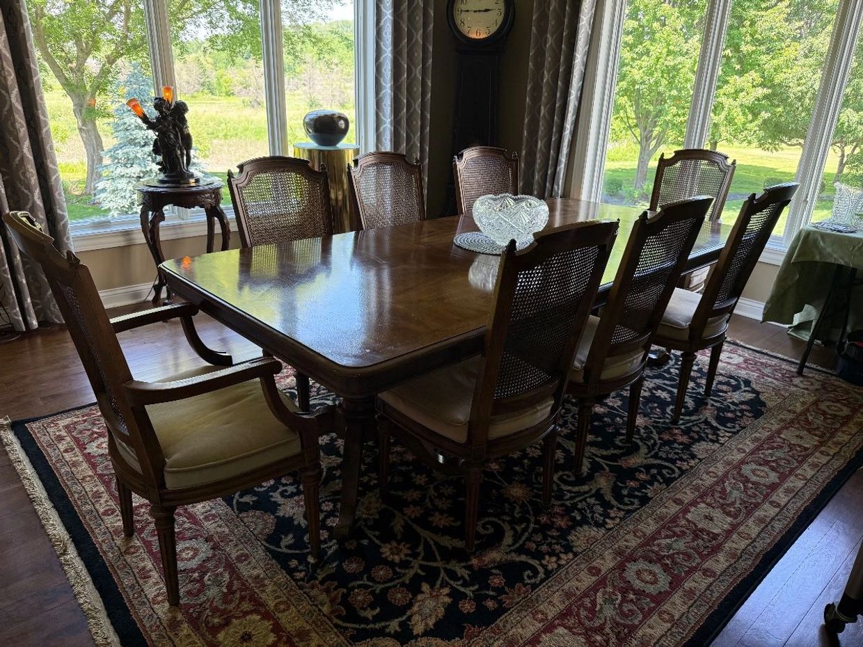 Elegant wooden dining table set on a decorative rug with large windows showing greenery outside.