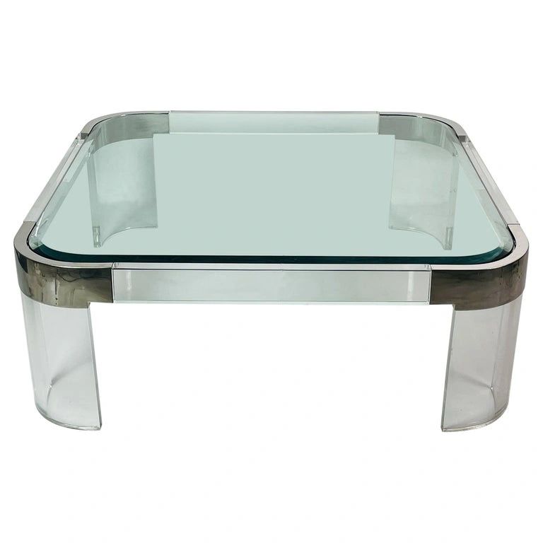 1970's Waterfall Coffee Table in Lucite, Glass & Polished Nickel by Charles Hollis Jones, Signed