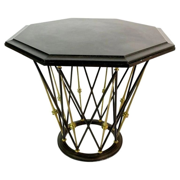 French Center Table in Brass & Wrought Iron with Octagonal Slate Top