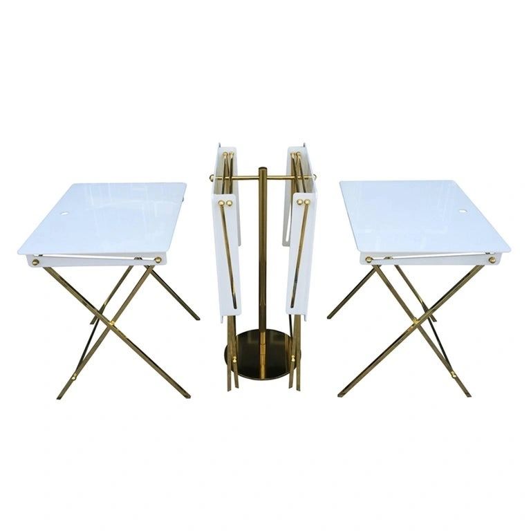 Set of 4 Lucite & Brass Folding Trays & Stand by Charles Hollis Jones, USA 1960's Signed