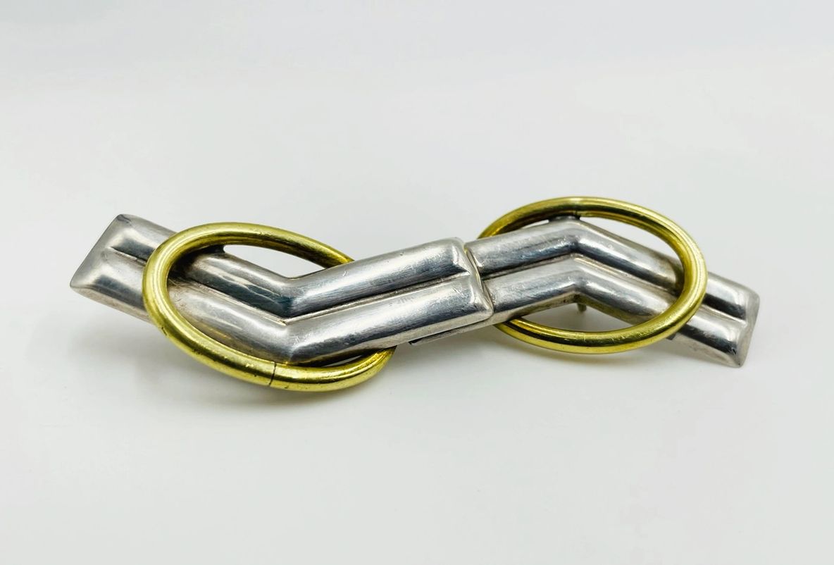 Mexican Modernism .925 Silver & Brass Brooch, Signed TC-158