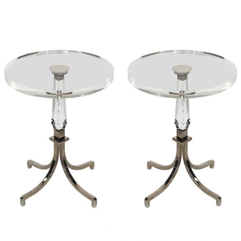 Pair of Regency Style Lucite & Nickel Side Tables by Charles Hollis Jones, USA 1970s, Signed