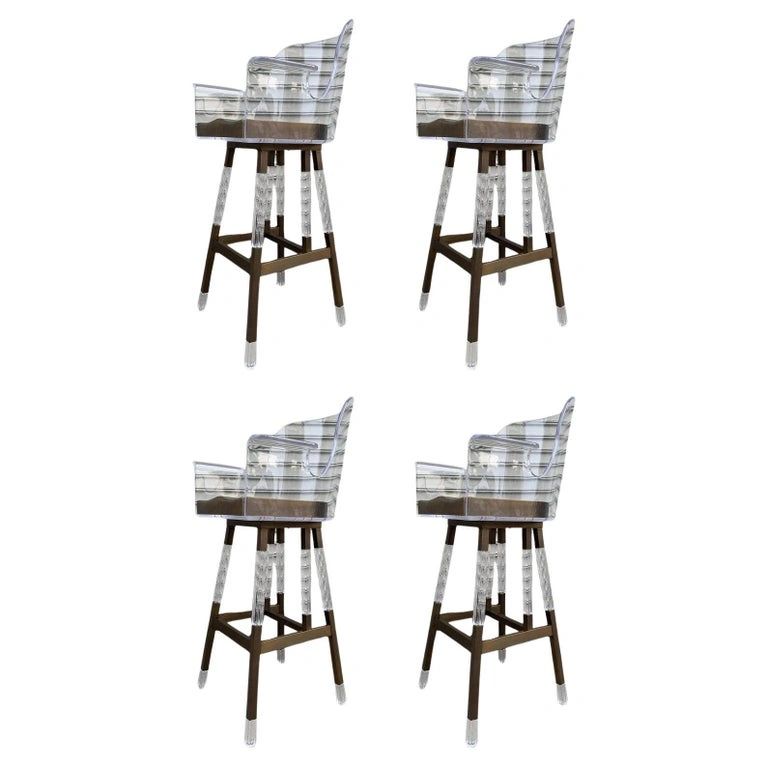 Set of 4 "Lithe" Barstools in Lucite & Solid Brass by Mexican Designer Amparo Calderon Tapia