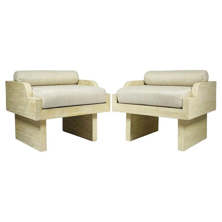 Pair of Travertine Arm Chairs Attb to Stéphane Parmentier