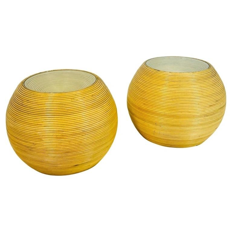 Pair of Pencil Reed & Glass Side Tables in the Style of Gabriella Crespi