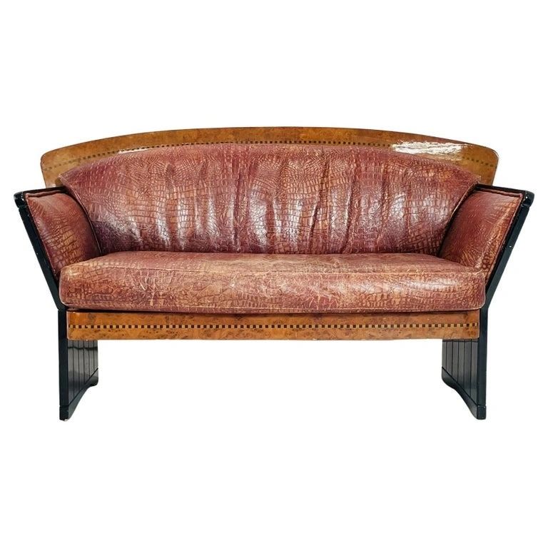 Art Deco Two Seater Sofa in Burlwood and Leather, France 1940s