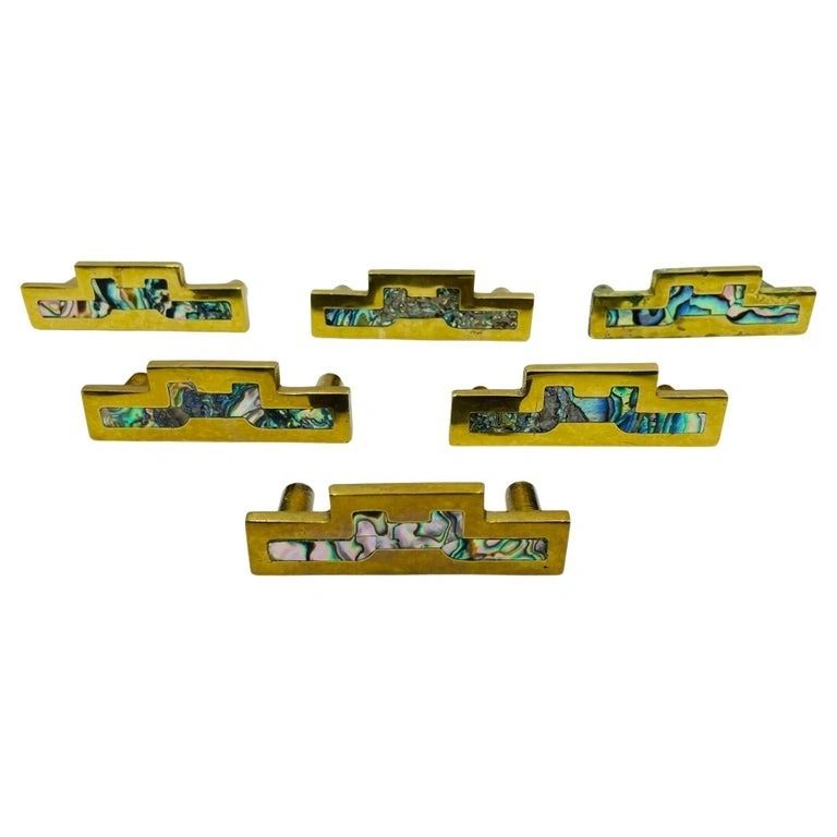 Set of 6 Cabinet Pulls in Solid Brass & Abalone Shell Inlay by Peñoles, Mexico 1950s