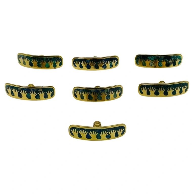Set of 7 Cabinet Pulls in Brass & Stone Inlay by Los Castillo, Mexico 1950's