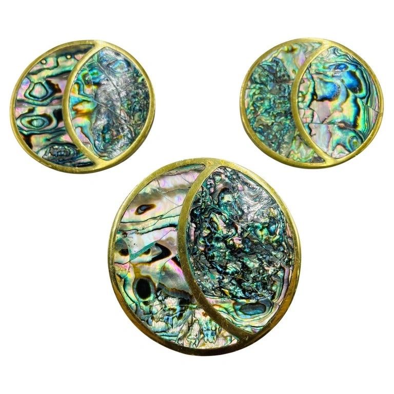 Set of 3 Large Door Pulls in Brass & Abalone Shell by Peñoles, Mexico 1950's
