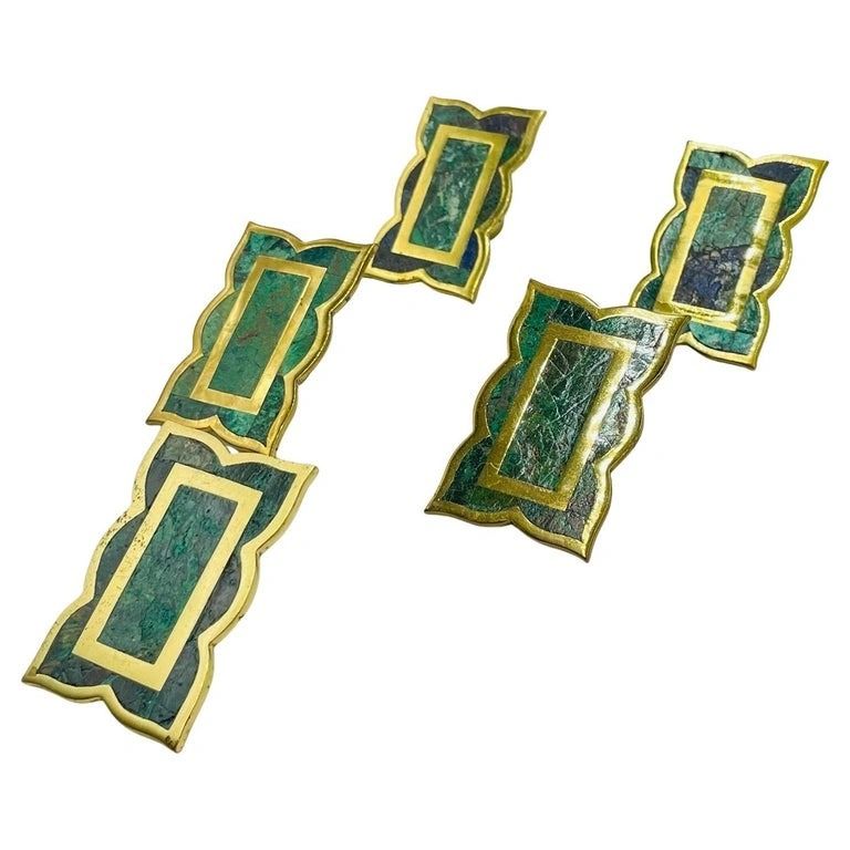Set of 5 Cabinet Pulls in Brass & Stone inlay by Los Castillo, Mexico 1950s