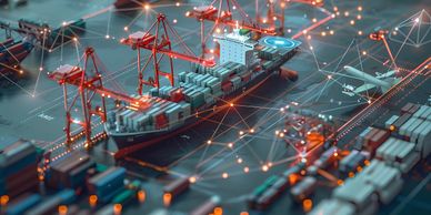 A digital model of a busy shipping port with cranes and containers.