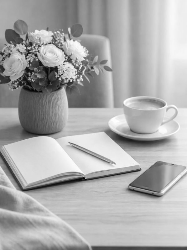 Cozy professional workspace with flowers, notebook, pen, coffee, and smartphone on wooden table.
