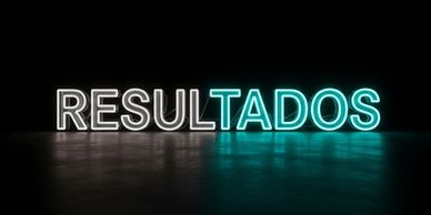 Neon sign displaying the word "RESULTADOS" in white and blue lights against a dark background.