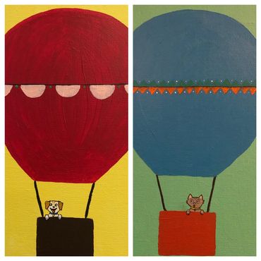 Cat & Dog Hot air Balloons. 
Individual pieces. 
8x10 flat canvas