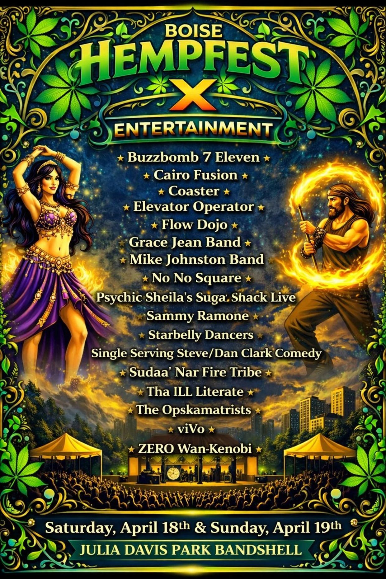 Boise Hempfest X Entertainment event poster with performer lineup and dates.