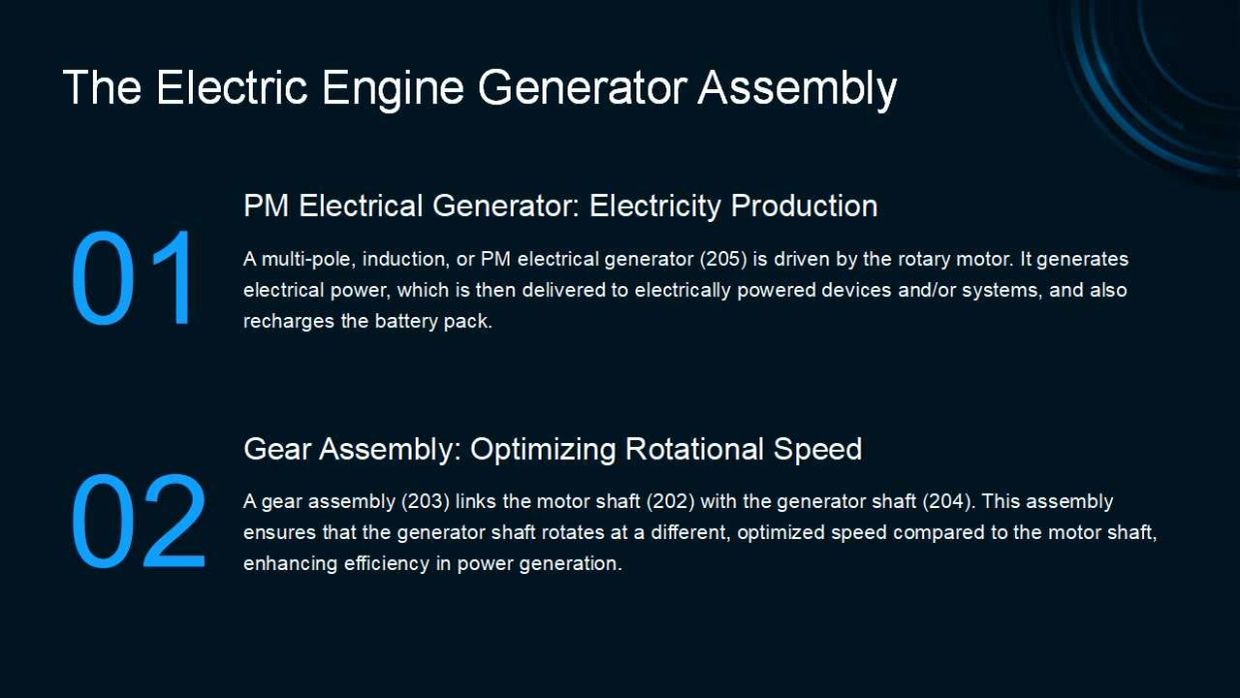 Overview of electric engine generator assembly components and their functions.