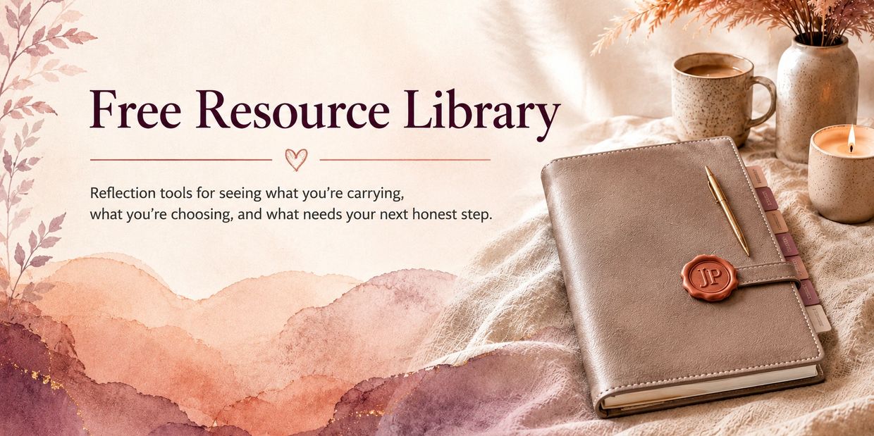 Cozy scene with a journal, candle, and coffee for a free resource library on reflection tools.
