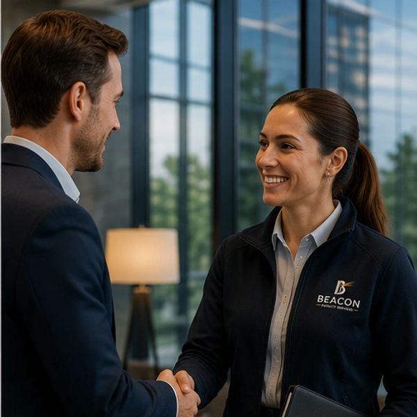 Two professionals shaking hands in a modern office.