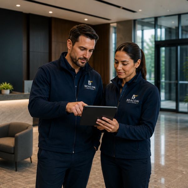 Two professionals in Beacon uniforms reviewing a tablet in a modern lobby.