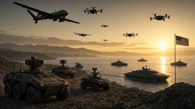 Military drones and vehicles at sunset.