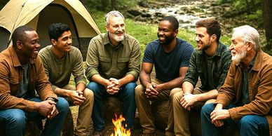 Six men sitting around a campfire, enjoying conversation outdoors.