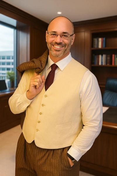 Smiling man in a beige vest and brown suit standing confidently in an office.