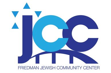 Logo of Friedman Jewish Community Center with stylized letters and blue triangles.